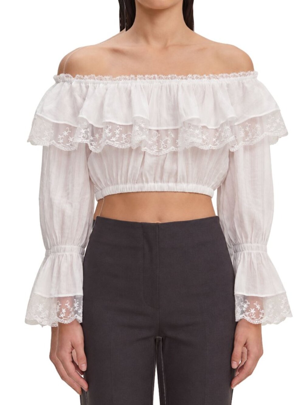 Reformation Elise Crop Top White Lace Ruffle Embroidery Off The Shoulder M